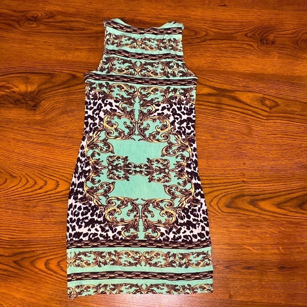 ๐ท Buffalo David Bitton ๐ท Y2K Sleeveless Green Gold Chain Geometric Pattern Dress - Picture 14 of 15